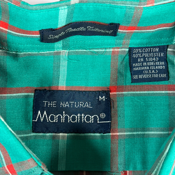 Vintage Manhattan Shirt Adult MEDIUM Green Plaid Button Down Natural USA 80s - Picture 4 of 8